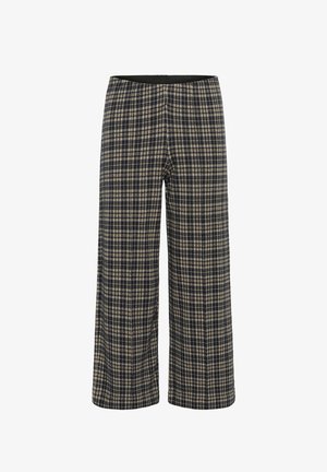 Wide-leg trousers in a checkered pattern featuring navy, beige, and cream colors. Made from soft fabric with an elastic waistband.