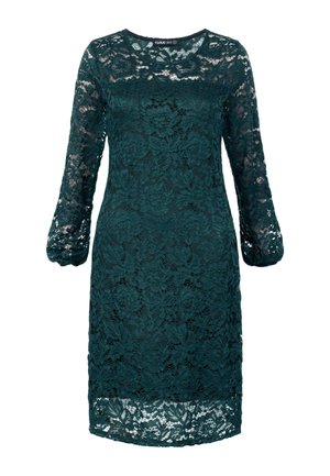 Turkusowa koronkowa sukienka z długimi, bufiastymi rękawami, okrągłym dekoltem i kwiatowymi wzorami. Polprzezroczysty materiał z dopasowanym krojem.