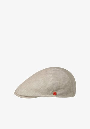 Beige linen flat cap with stitched panels and a small round red emblem on the side.