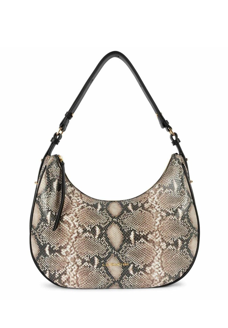 Borsa hobo con un esterno stampato a serpente beige e marrone, rifiniture in pelle nera, texture liscia e una singola tracolla curva.
