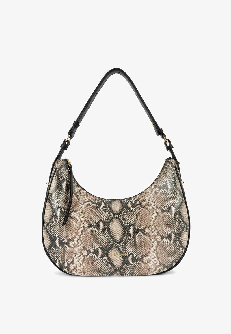 Borsa hobo con un esterno stampato a serpente beige e marrone, rifiniture in pelle nera, texture liscia e una singola tracolla curva.