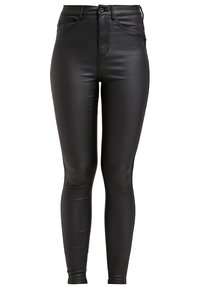 Black high-waisted skinny jeans made from smooth, stretchy fabric. Features five pockets and traditional button-fly closure.