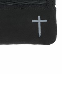 Black zippered pouch made of smooth material, featuring a stylized gray cross design on the front. Minimalistic and compact shape.