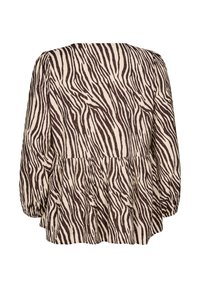 Valkoinen ja ruskea zebra-raitojen yläosa, jossa on peplum-muotoilu, pitkät hihat ja teksturoitu kangas. Takakuvassa esitetty.
