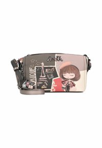 Borsa a tracolla con un design multicolore caratterizzato da illustrazioni, accenti metallici e una finitura testurizzata, dotata di una tracolla rimovibile.