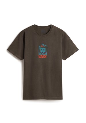 Mørkebrunt kortærmet t-shirt med grafisk tryk af et blåt tegneserieansigt og rødt "VANS" tekst. Klassisk crew-udskæring, lavet af bomuldsstof.