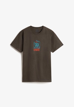 Donkerbruine T-shirt met korte mouwen en een grafische print van een blauwe cartoongezicht met rode "VANS" tekst. Klassieke ronde halslijn, gemaakt van katoen.