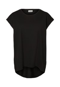 Tricou negru cu mâneci scurte, guler rotund, croială lejeră și tiv curbat. Confecționat dintr-un material moale și ușor.