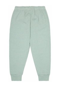 Lichtgroene pyjama broek met dunne donkergroene strepen, elastische tailleband en taps toelopende boorden, gemaakt van zachte, gemêleerde stof.