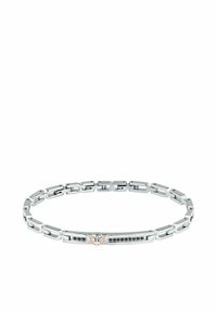 Silverarmband med länkdesign i sammanlänkade delar, med en centralt placerad accenter i roséguld och en rad svarta stenar. Slät, polerad yta.