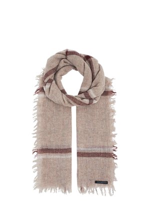 Beige wool scarf with fringed edges and horizontal brown and light gray stripes, looped in a circle with label reading "bugatti."