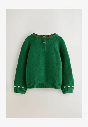 Zelený pletený sveter s okrúhlym výstrihom, dvoma gombíkmi na chrbte, rebrovanými manžetami a bielymi akcentami na rukávoch. Štruktúrovaná tkanina.