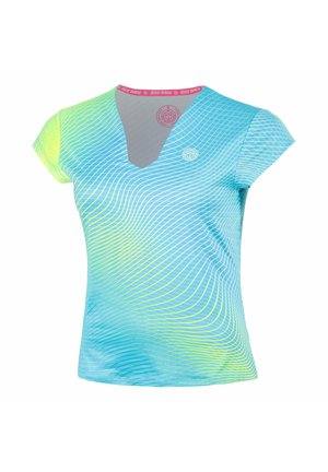 Damen kurzärmeliges Sportoberteil in blau-grünem Farbverlauf mit wellenförmigen Linienmustern und V-Ausschnitt.