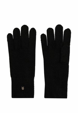 Knitted black gloves with ribbed cuffs, comprised of a soft fabric. Features include a folded cuff and small logo detail on one glove.
