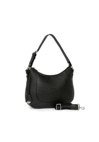 Borsa a spalla in pelle nera con un design curvo, tracolla regolabile, accessori in argento e una piccola tasca a tema circolare.