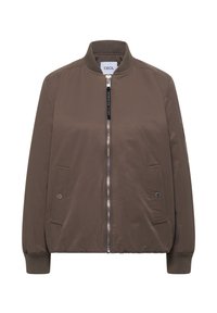 Veste bomber marron avec fermeture éclair à l'avant, col et poignets côtelés, deux poches à boutons-pression, et une étiquette en tissu sur la tirette de la fermeture éclair.