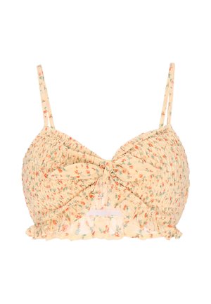 Gul blomsterprintet smocket crop top med tynde stropper, knude foran og flæsekant.