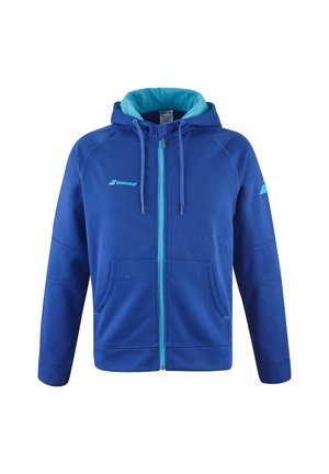 Blauwe hoodie met een lichterblauwe binnenkant, voorrits, verstelbare trekkoorden en twee voorzakken. Heeft een geborduurd logo op de borst.