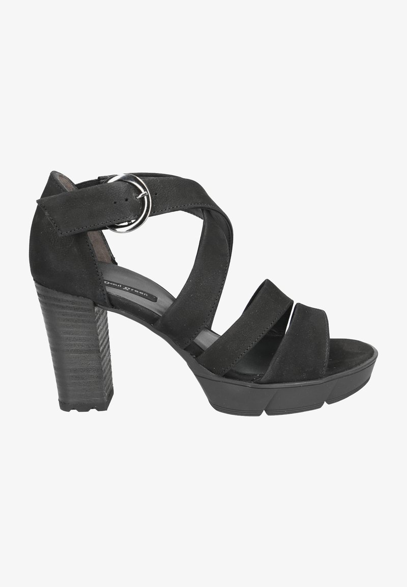Black suede heeled sandals feature multiple cross straps, a circular silver buckle, and a textured block heel for stability.