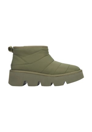 Olive green ankle boots with quilted texture, thick platform sole, and pull tab at the back. Features a rounded toe and synthetic material.
