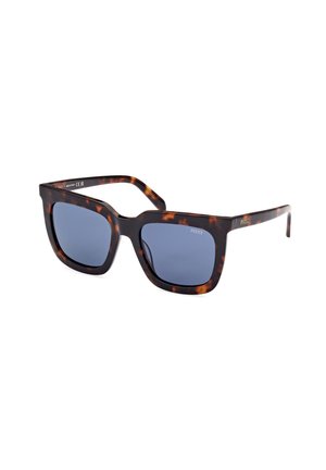 Skildpadde-sunglasses med blåt glas. Firkantet rammedesign med en glat tekstur og subtilt guldbranding på armen.