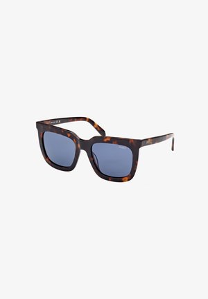 Skildpadde-sunglasses med blåt glas. Firkantet rammedesign med en glat tekstur og subtilt guldbranding på armen.