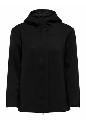 Veste noire à capuche en tissu lisse et épais. Dotée d'une fermeture éclair frontale au design simple et d'une capuche ajustée pour plus de chaleur.