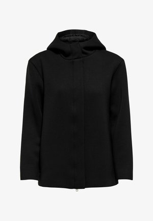 Veste noire à capuche en tissu lisse et épais. Dotée d'une fermeture éclair frontale au design simple et d'une capuche ajustée pour plus de chaleur.