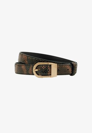 Braun und schwarz im Schlangenhautmuster gestalteter Gürtel, ausgestattet mit einer goldfarbenen Metallschnalle, glatter Textur und einem eleganten, schmalen Design.