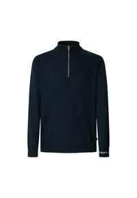 Pull bleu marine zippé avec un col montant, manches longues et tricot texturé. Comprend un accent logo blanc sur le poignet.