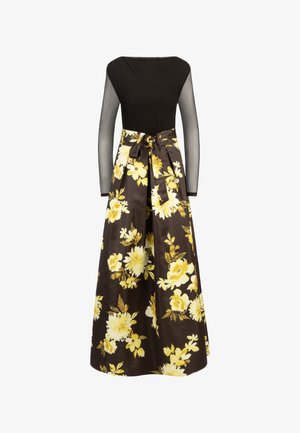 Długa sukienka z czarnym gorsetem i przezroczystymi długimi rękawami, ozdobiona kwiatowym wzorem żółtych róż na ciemnobrązowej spódnicy. Zawiera szczegół związany w talii.