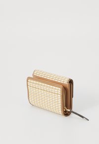 Wallet in tan and ivory featuring a woven pattern, zip closure, and smooth texture. Compact rectangular shape with a stitched edge detail.
