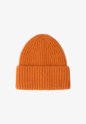 Berretto lavorato a maglia arancione con una texture a coste, dotato di orlo ripiegato e una corona affusolata. Realizzato in morbida lana.