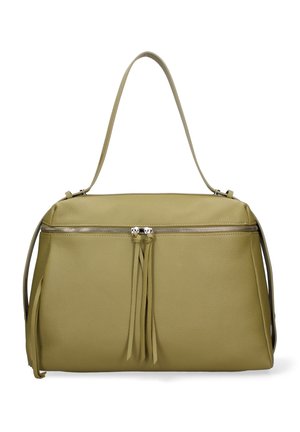 Borsa in pelle verde oliva con una singola tracolla e una cerniera orizzontale argentata con due nappine in pelle.