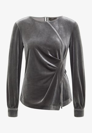 Szara aksamitna bluzka z długimi rękawami, z drapowaną konstrukcją i subtelnymi plisami, wykończona okrągłym dekoltem i marszczonymi mankietami.