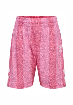 Pink og røde teksturerede sportsshorts med elastisk linning og hvide chevronstriber på siderne.