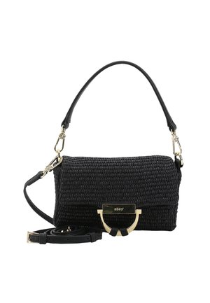 Black woven handbag featuring a gold-tone clasp, short handle, and detachable shoulder strap; textured surface with flat design.