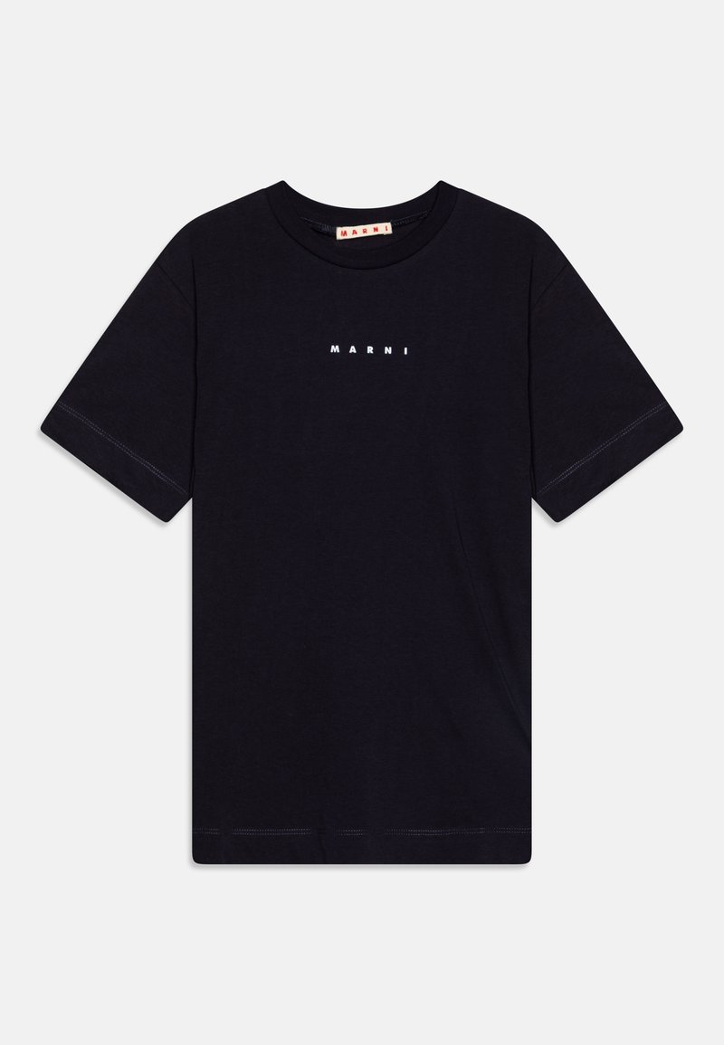 Camiseta de algodón negra con cuello redondo; presenta el logotipo blanco "MARNI" centrado en el pecho; de mangas cortas y diseño de dobladillo recto.