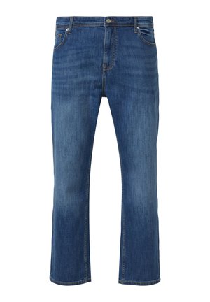 Blaue Denim-Jeans mit geradem Bein, vorderseitigen Taschen, Gürtelschlaufen und Knopfverschluss, mit dezenten verblassten Stellen an Oberschenkeln und Knien.