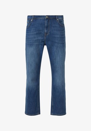 Blauwe denim jeans met rechte pijpen, voorzakken, lussen voor een riem en knoopsluiting, met subtiele vervaagde plekken op de dijen en knieën.