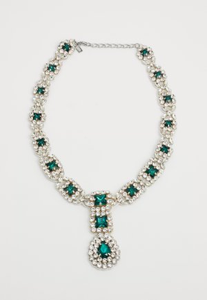 Necklace with alternating square and marquise clear crystals around green square gems, featuring a central green teardrop pendant surrounded by clear crystals.