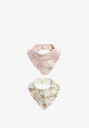 Two bandana bibs: one pink with ruffled edges, the other white with a floral pattern and teddy bear prints. Both include snap closures.