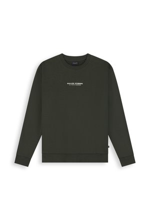 Dunkelgrünes Langarm-Sweatshirt mit Rundhalsausschnitt und weißem Text "BALLIN STUDIOS ALL RIGHTS RESERVED", mittig auf der Brust.