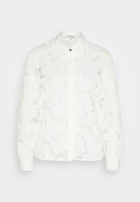 Blouse blanche en dentelle à manches longues avec motif floral ajouré, col pointu, devant boutonné et manches avec poignets.