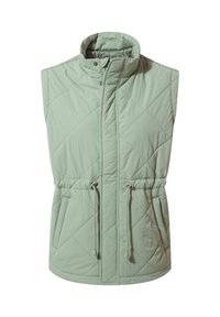 Light green, sleeveless quilted vest with stand collar, elastic drawstring waist, and two front pockets. Soft texture with diamond pattern.