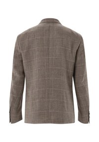 Brauner karierten Blazer mit Reverskragen, langen Ärmeln und einreihigem Design. Hat einen strukturierten Stoff und zwei Knöpfe an den Ärmeln.