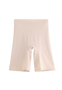 Lyse beige shorts lavet af blødt, strækbart stof. Har en glat talje og en længde til midt på låret uden synlige sømme eller mønstre.