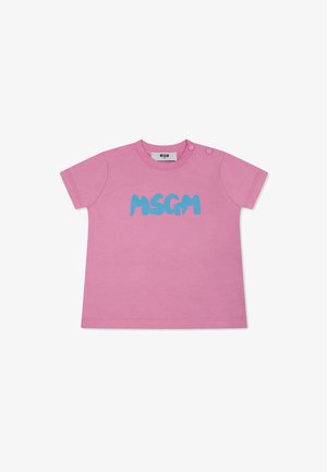 Różowa bawełniana koszulka z niebieskim logo "MSGM", okrągły dekolt, krótkie rękawy oraz dwa napy na lewym ramieniu.