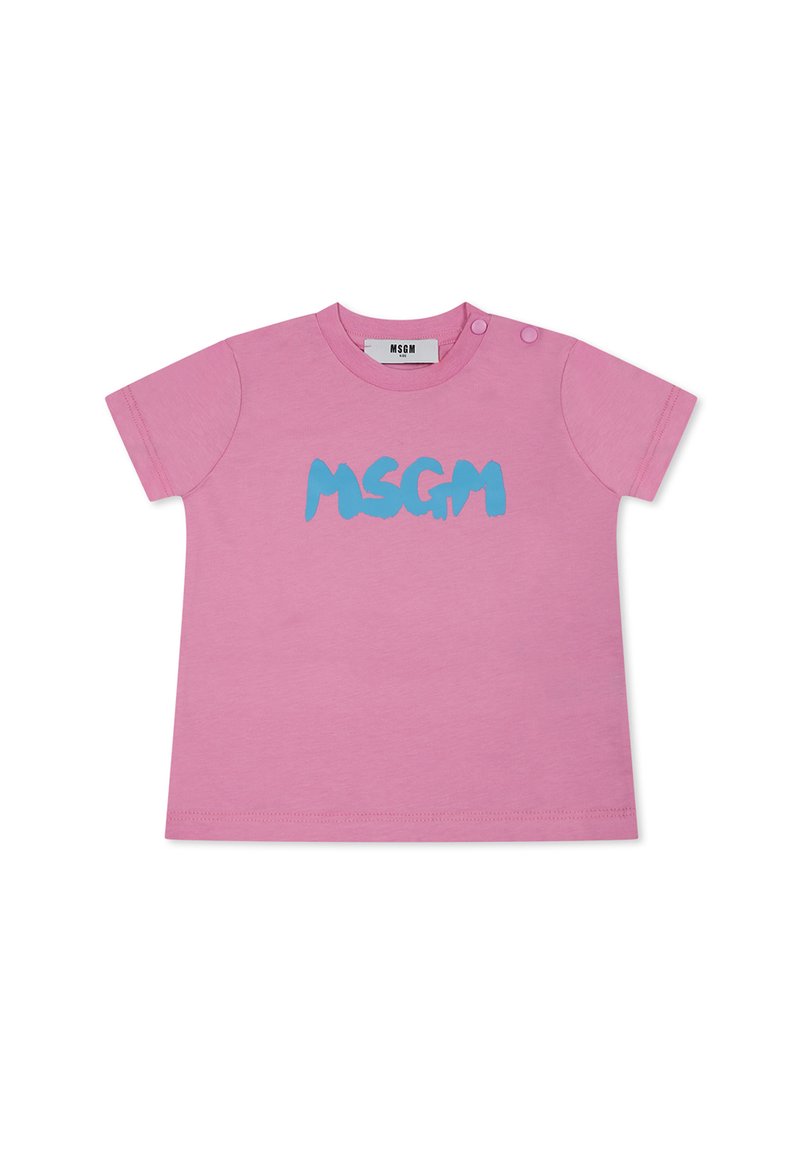 T-shirt in cotone rosa con logo blu "MSGM", collo rotondo, maniche corte e due bottoni a pressione sulla spalla sinistra.