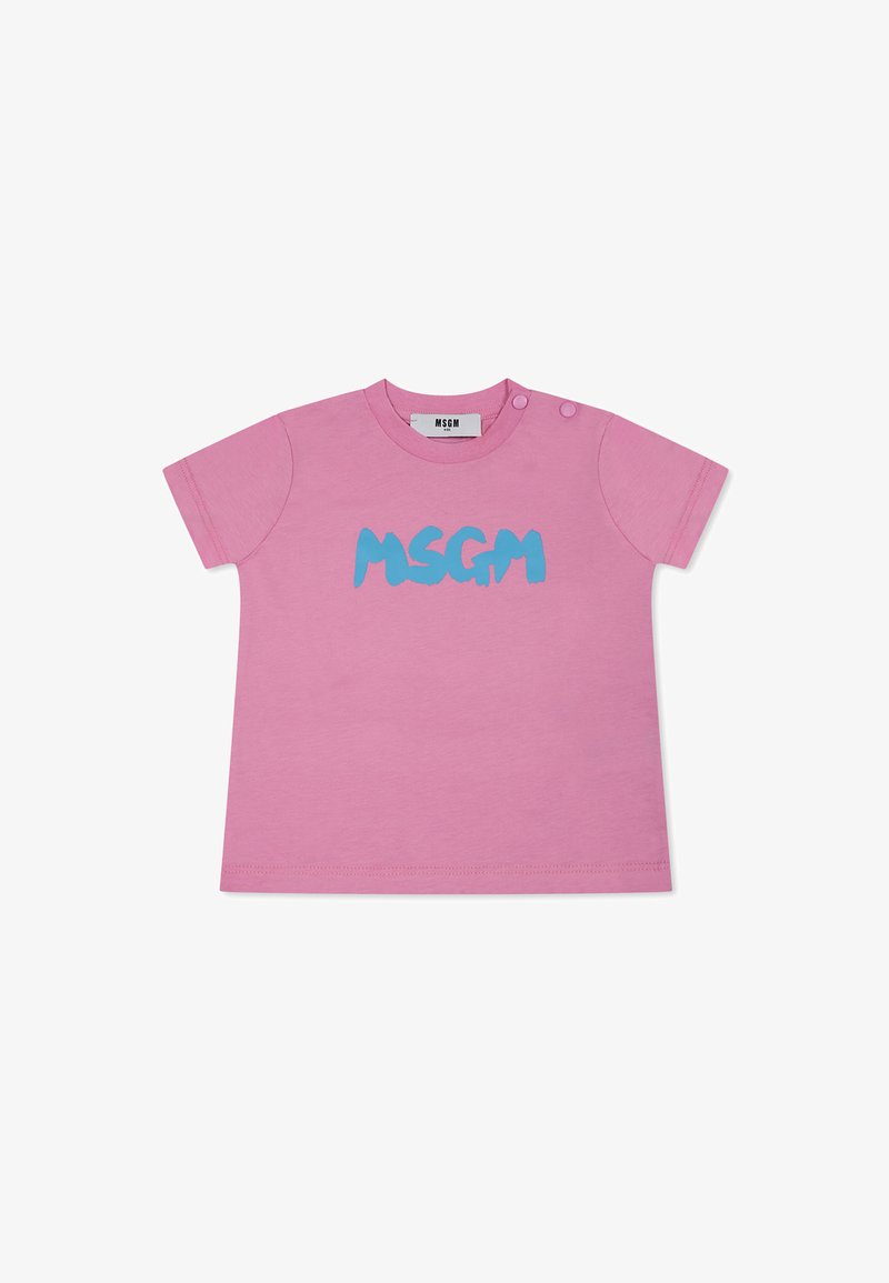 T-shirt in cotone rosa con logo blu "MSGM", collo rotondo, maniche corte e due bottoni a pressione sulla spalla sinistra.